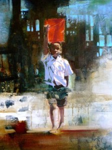 Boy with a red bucket - Heather Haynes art