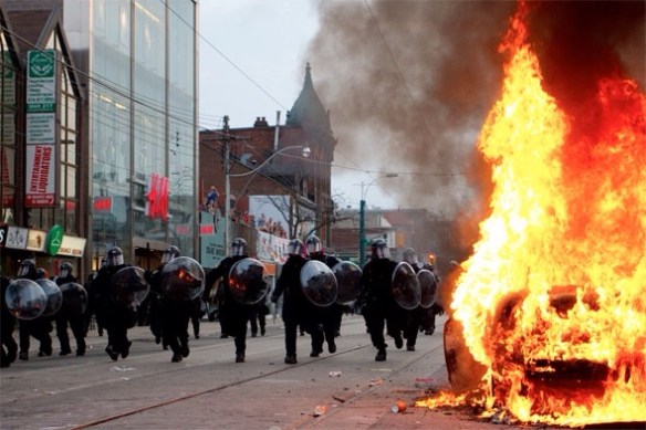 This shot was in the news from Toronto in July 2010.  No country is immune to political demonstrations getting out  if hand.