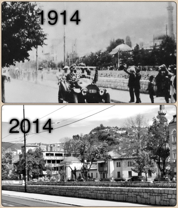 Photo of Ferdinand and Sophie in their motorcade as they approached the corner in Sarajevo where they were assassinated in June 2014