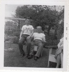 With Grandpa Vardon (often in his undershirt) in the Grosvenor Street yard in 1957. The infamous fire pit was off to the left.